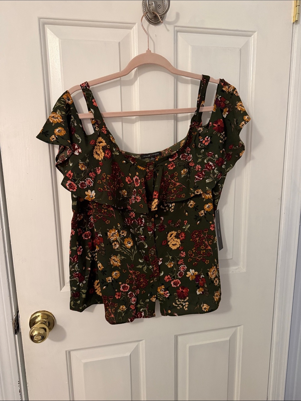 NWT-Moa Moa Olive Green Floral Ruffle Off-Shoulder top